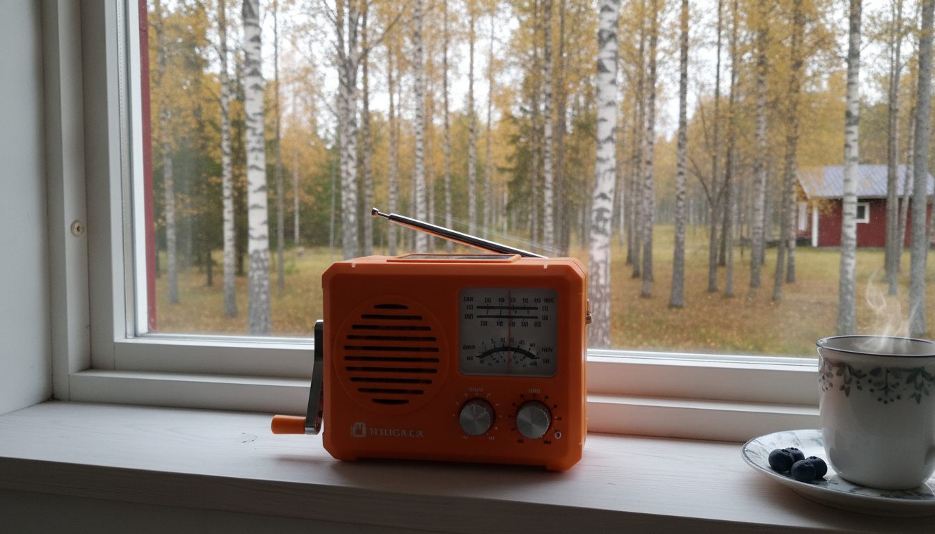 Hätäradio kammella ja aurinkopaneelilla kotivarassa